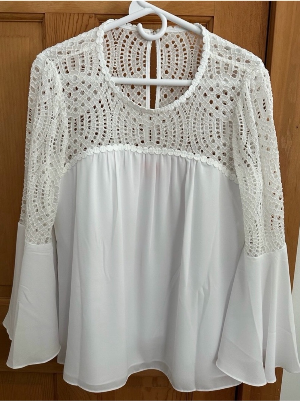 Lilly Pulitzer Lace Yoke White Bell Sleeve Blouse, Size 12